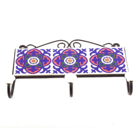 White And Navy Blue Floral Tiles Hooks